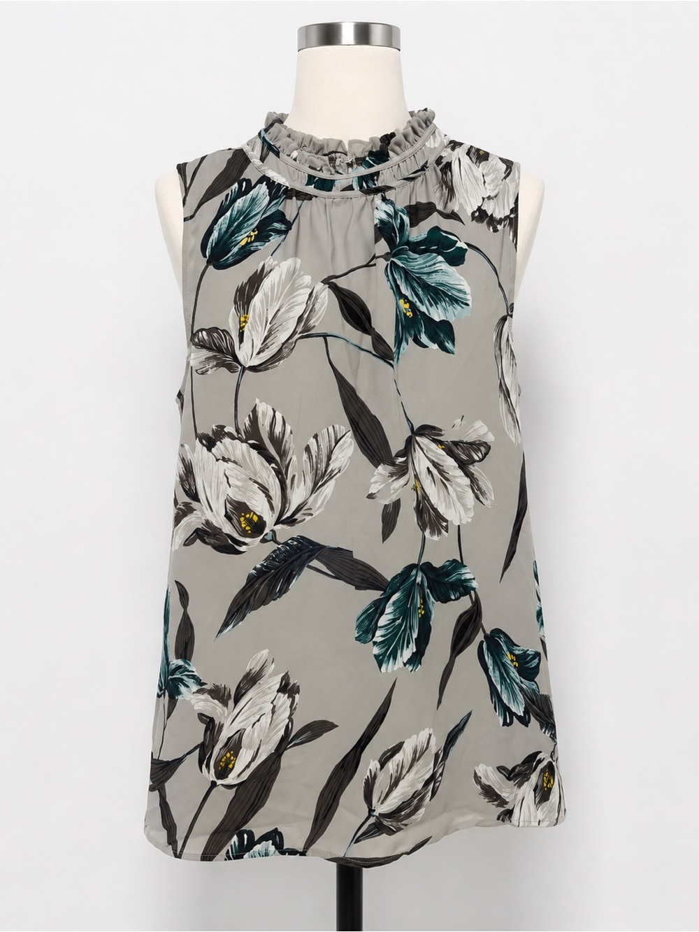 Ann Taylor Sleeveless Floral Ruffle Neck Shell - Grey with Teal Accents